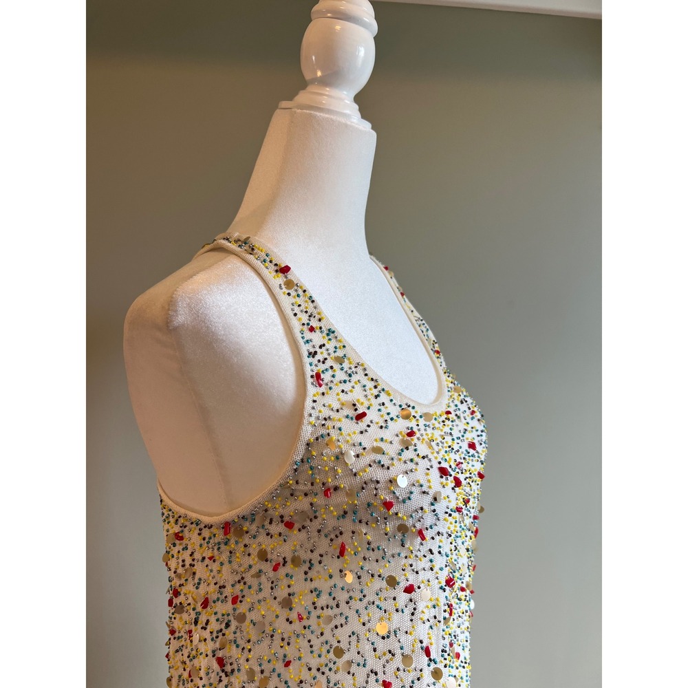 Sam Edelman Beaded Sequin Mesh Racerback Tank‎ Top White Multi XS